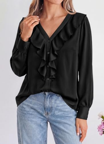 dowerme Womens Long Sleeve Tops Satin Ruffle Button Shirts - image 3