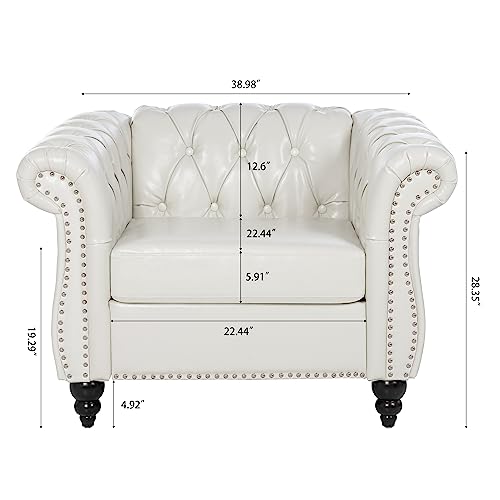 Image of LEVNARY Leather Upholstered Armchair, Mid-Century Modern Single Sofa Chair with Rolled Arms and Nailhead, Tufted Pu Leather Chesterfield Chair for Home Bedroom Reading Room (Cream White)