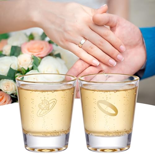 Image of Mimorou Bride and Groom Shot Glass Set, 2 Pack 2 oz Mr and Mrs Wedding Shot Glasses, Engagement Gift for Couples, Bridal Shower Gift, Stemless Glasses with Gold Ring Design