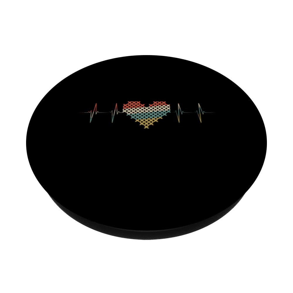 Cross Stitching Heartbeat Retro ECG EKG PopSockets Swappable PopGrip, Black - Image 2