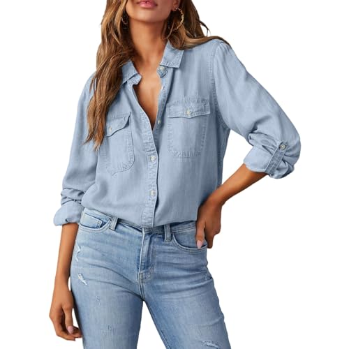 Women Denim Shirt Retro Long Sleeve Button Down Blouse Chambray Western Jean Shirt Jacket Business Casual Tops