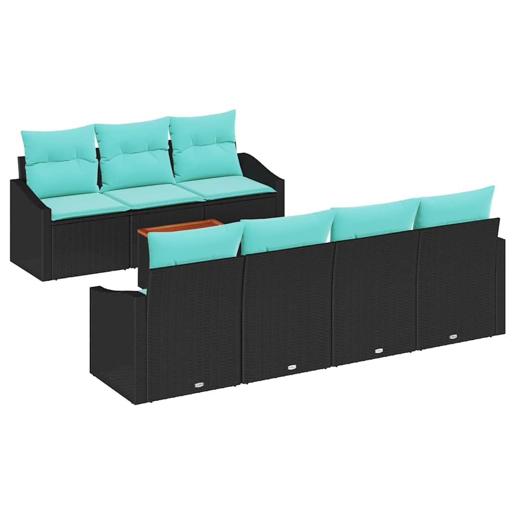 Salon de Jardin Modulable en Polyrotin Noir 8 Pièces avec Table en Acacia et Coussins - Ensemble de Canapé Extérieur pour Terrasse et Balcon - Capacité 7 Personnes - Noir