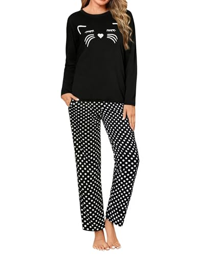 Uniexcosm Pyjama Coton Femme Long Ensemble Hiver Chat Col Ronde Manches Longues Vêtement Nuit avec Poches Latérales Chat-Noir M