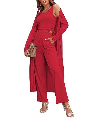 Image of Ekouaer Women's 3 Piece Lounge Set Pajama Long Sleeve Cardigan Sleeveless Top Pants Sweatsuit S-XXL