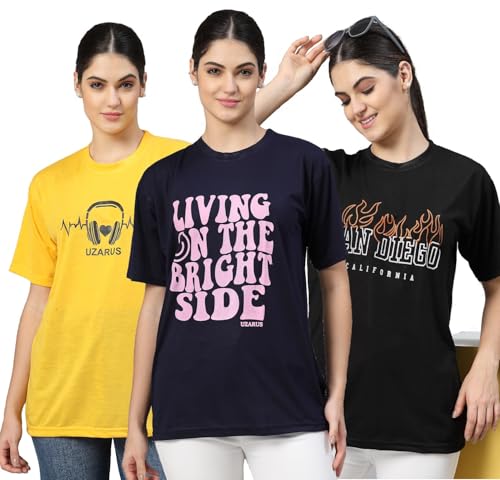 Image of UZARUS Women Printed Round Neck Oversized Combo T-Shirt | Loose Fit Drop Shoulder T-Shirt Pack of 3