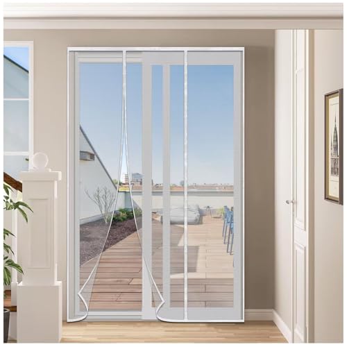 Mosquitera para Puerta Doble, 140x200cm Blanca Apertura Lateral Puerta Corredera Cortina de malla, junta magnética de arriba a abajo, Cierre Automático, Mantiene el aire Fresco en el Interior