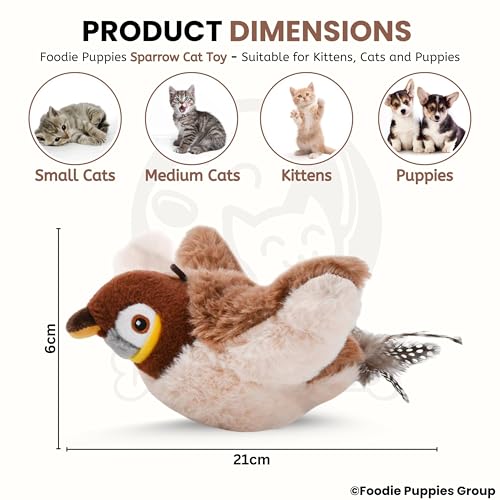 Image of Foodie Puppies Interactive 3 Mode Flapping Wings Bird Cat Toy with Catnip - (Flapping Sparrow) for Cats & Kittens I Touch Activated, Rechargeable, Chirping Sparrow Sound Plush Toys for AduIt Bored Cat
