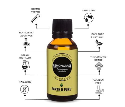 Image of Earth N Pure Lemongrass Essential Oil - Steam Distilled for Fresh Aroma, Focus & Relaxation - 100% Pure & Undiluted | 30ml