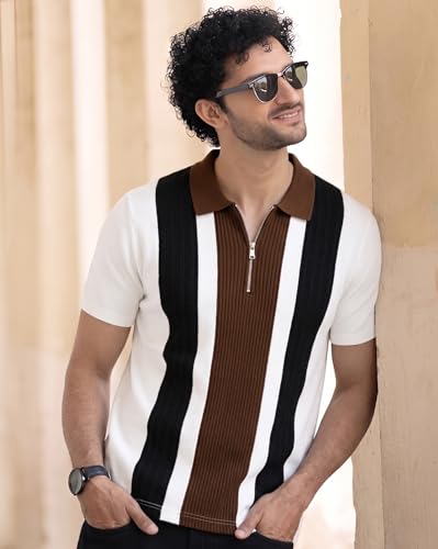 Image of AUSK Men's Zip Collar Polo Tshirt | Cotton Rich Material | Half Sleeves | Modern Knit Panel Work | Regular Fit