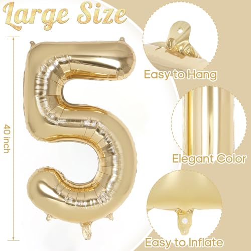 Image of Champagne Gold Large Number 5 Balloon, 40 Inch Light Gold Foil Helium Number Balloons, Giant Mylar Number 5 Balloons for 5 Years Old Birthday Party Anniversary Decorations