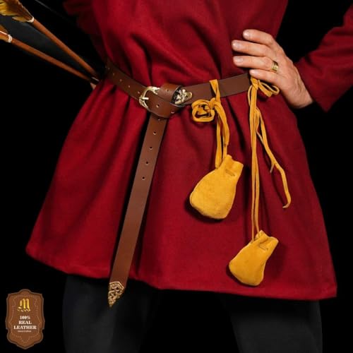 Image of Mythrojan Pack of 25 Small Trinket Pouches Suede Leather Drawstring Coin & Dice Bags for LARP, SCA, Viking & Medieval Events, Color : Yellow