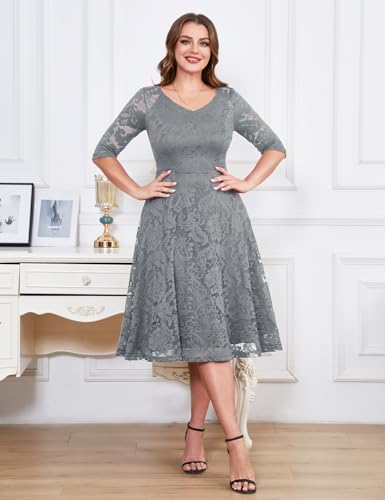 Image of Dressystar Womens Long-Sleeve Wedding Guest Dress A-Line Lace Formal Party Cocktail Midi Dress Prom Gown