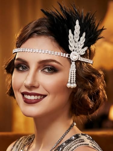Gortin Bandeau à plumes style années 1920, style art déco Gatsby le Magnifique - Accessoire pour cheveux pour femme et fille (noir argenté)