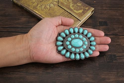 Image of FALETO Western Turquoise Belt Buckle for Men Vintage Cowboy Oval Alloy Belt Buckle