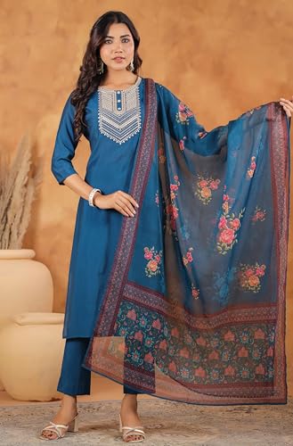Image of Janasya Women's Silk Blend Yoke Embroidered Straight Kurta Set