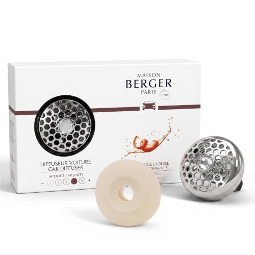 Image of MAISON BERGER Car Diffuser Set, Exquisite Sparkle | Grapefruit Rose Musk Notes, Refillable Vent Clip with Ceramic Refill, Passive 4-Week Diffusion, Made in France