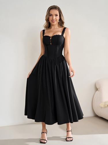 Image of KUTUMAI Women Summer Corset Midi Floral Wedding Guest Dresses with Pockets | Lace Neck, Smocked Back, Flowy A Line Sundress for 2026 Engagement Photoshoot Bridal Shower Garden Party