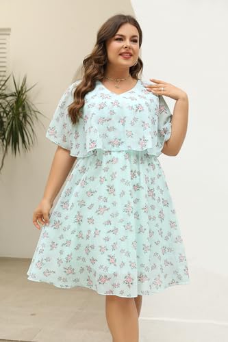 Image of Keluummi Plus Size Wedding Guest Dress for Curvy Women, Boho Floral Empire Waist Midi with Sleeve