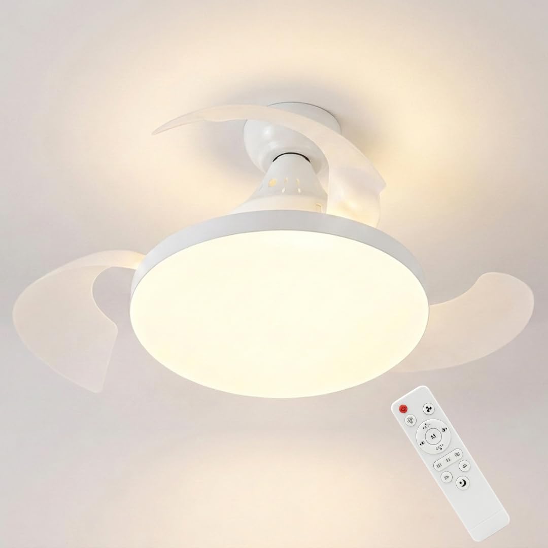 MAKA Ventilatore da Soffitto con Luce LED 22W E27, Telecomando 3 Velocità, Pale Retrattili, Motore 10W Silenzioso, 1155LM, 3000K 4000K 6500K, 220V IP20, per Bagno