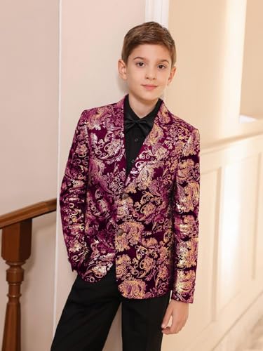 Boyland Boys Jacquard Suit Slim Fit Tuxedo Suits Jacquard Notch Lapel Tux Jacket Pants Party Formal Wear Purplish Purple Golden