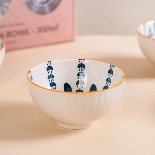Image of Nestasia Ceramic Snack Bowl Set of 4 (300ml Each) - Dishwasher & Microwave Safe Bowls for Serving Soup, Rice, Dal, & Salad | Botanical Printed Bowls with Glossy Finish - Ideal for Gifting