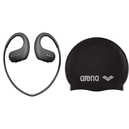 Sony NW-WS413 Sport-Walkman 4GB (kabellos, Wasserdicht, Staubdicht) schwarz & Arena Unisex Badekappe Classic Silikon (Verstärkter Rand, Weniger Verrutschen der Kappe, Weich), Black-Silver (55)