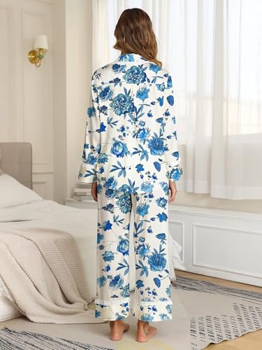 Image of Jusfitsu Women's Silk Satin Pajamas Long Sleeve Ruffle Button Down Pjs Sets