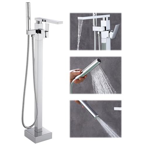 Free Standing Tub Faucet, Floor Mount Bathroom Tub Filler, Grifería de piscina con soporte de piso, monomando, con rociador de mano, acabado cromo miniatura 1
