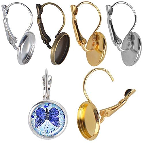 Crochet Boucle d'oreille Hypoallergenique, 24pcs Boucle d'oreille Cabochon Plateau 12mm Femme Composants Laiton Dormeuses Supports pour Création Boucle d'oreille,Argent,Or,Bronze,Argent Brillant