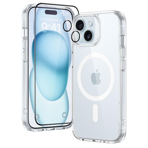 ESR für iPhone 15 Plus Hülle Set Kompatibel mit MagSafe 1 Displayschutzfolie aus gehärtetem Glas 1 Satz Kamera Schutzfolien Militärnorm Schutz vergilbungs kratzfestes Case Classic Serie Klares