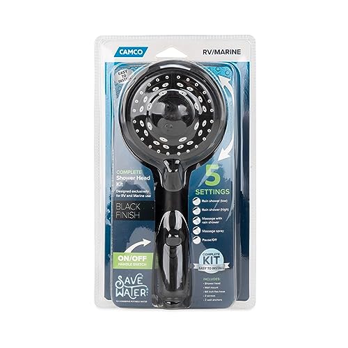 Image of Camco Complete RV /Marine Shower Head Kit | Features Convenient On /Off Switch for Water Efficient Showers | 5 Spray Patterns | Black (43744)