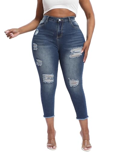 Womens Plus Size Capri Jeans Stretchy High Waisted Skinny Denim Capris Jean