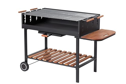 Tarrington House Bratislava - Barbacoa de carbón vegetal, 60 x 100 cm, estante lateral, rejillas de altura regulable, portátil, acero/madera de pino, color negro