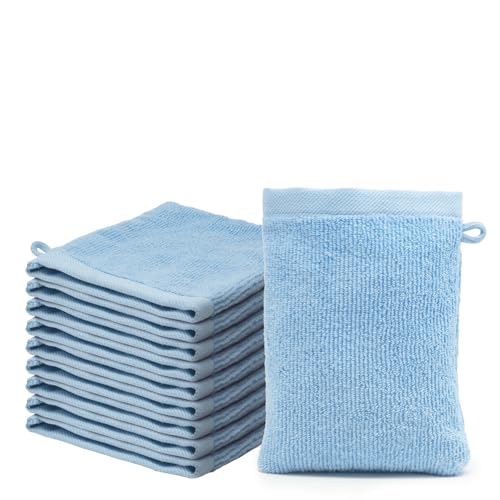 Juego de Guantes de Baño - 10 Guantes de Baño Tamaño Adulto 15x20cm - 100% Algodón Premium - Ultra Suave & Absorbente - Certificado Oeko-Tex - 500g/m2 - Ôhm - Azul Claro
