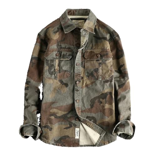 Autumn and Winter Retro Woven Camouflage Cargo Shirt Men's Cotton Washed Old Double Pockets Thin Jacket