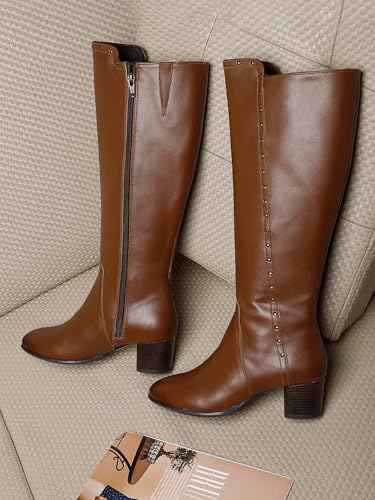 Image of ELLE Women's Knee-High Boots with Studded Trim and Low Block Heel