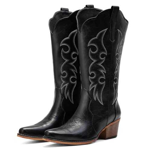 IUV Cowboy Boots for Women Western Cowgirl Boots with Chunky Heel Mid Calf Embroidered Boot for...