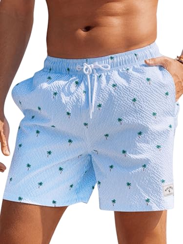 MakeMeChic Men's Textured Tropical Print Drawstring Waist Summer Beach Shorts Swim Trunks