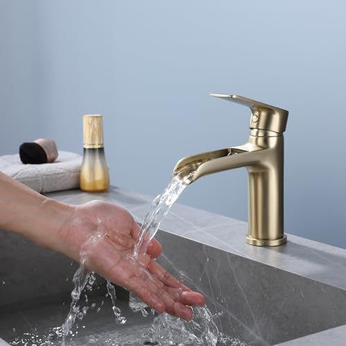 Waterfall Basin Mixer Tap Basin Mixer Tap Bathroom Taps Waterfall Mixers Single Lever Brushed Gold Brass Sink Mixer Tap with Hoses - Image 3