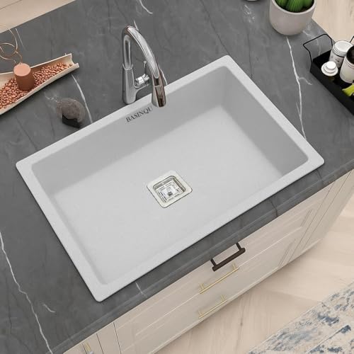 Image of BASINQU Quartz Kitchen Sink 24 x 18 x 9 Inch Granite Kitchen Sink Single Bowl White Quartz Sink for Kitchen Basin Sound Dampening Scratch Resistant UV-Protected Noise Reducing