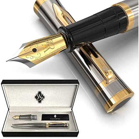 Wordsworth & Black Fountain Pen Set, 18K Gilded Medium and Extra Fine Nibs, 6 Ink Cartridges and Refill Converter, Gift Case, Smooth Writing Pens [Silver Gold], Perfect for Men and Women Cover