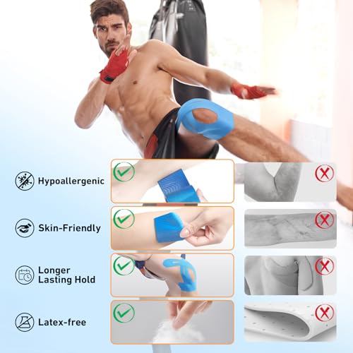 Image of PreCut Kinesiology Tape for Knees, 24PCS Waterproof KTQUICK Knee Tape for Knee Pain Relief Pre Cut, Original Cotton Athletic Knee Tape, Waterproof & Hypoallergenic Latex-Free for Sports(Blue)
