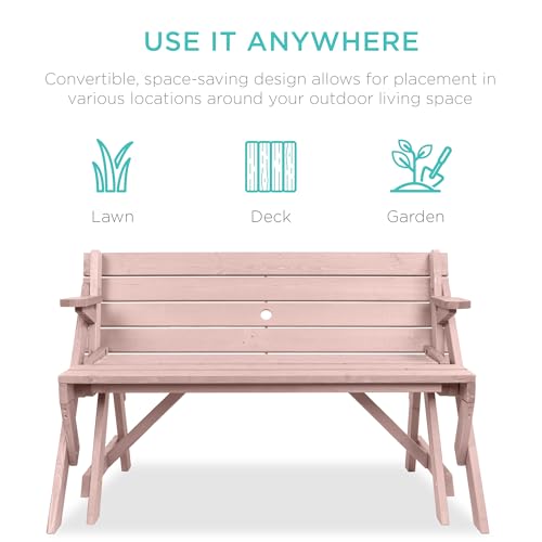 Image of Best Choice Products 2-in-1 Transforming Interchangeable Outdoor Wooden Picnic Table Garden Bench for Backyard, Porch, Patio, Deck w /Umbrella Hole - Pink