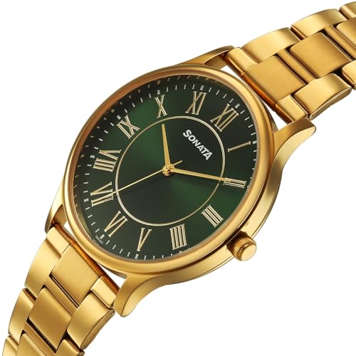 Image of Sonata Traditional Essentials Quartz Green Round Dial Men's Watch | Analog Watch | Watches for Men Analog - 77105YM07W