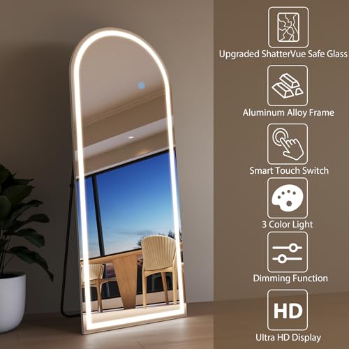 Image of Koonmi Arched LED Full Length Mirror 26 inch x 65 inch Wall Mounted /Standing Full Body Mirror with Dimmable & 3 Color Lighting, Aluminum Alloy Frame, Tempered Glass, Safe to Use, for Bedroom /Cloakroom