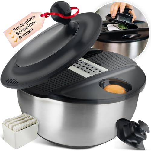 Salatschleuder Edelstahl mit Schneidefunktion [5 Verschiedene Aufsätze] Eigelbtrenner, Salatschüssel, Edelstahlschüssel mit 5L...