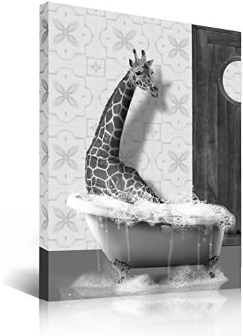 HKDGOKA Bathroom Wall Decor - Farmhouse Wall Art Funny Giraffe Animal Black and White Canvas Paintings for Toilet Bedroom Kitchen Living Room Home Decorations 11x15 Inch