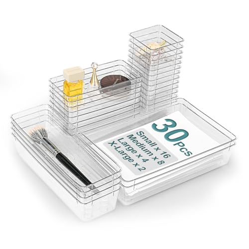 Image of VEXTHYX 30Pcs Clear Plastic Drawer Organizers Set, 4size makeup drawer organizer trays for vanity,desk,bathroom,office,nightstand,gadgets for kitchen drawer, Versatile drawer divider storage bins