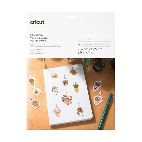 Cricut Vinyl Sticker Paper (12 Clear Sheets 8.5x11) Printable Stickers for Inket Printer - Compatible with Maker Explore & Joy Xtra Machines