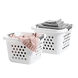 IRIS USA 30L Plastic Laundry Basket Hamper Organizer with Built-In Comfort Carry Handles, for Closet, Dorm, Laundry Room, Bedroom, Nestable, Ventilation Holes, 2 Pack, Medium, White